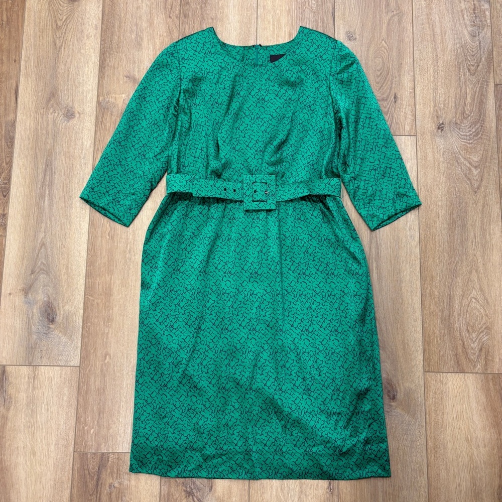 VTG! 🌟STEWART PARVIN🌟SILK LONG SLEEVE PRINTED BELTED SHEATH DRESS GREEN SZ 10